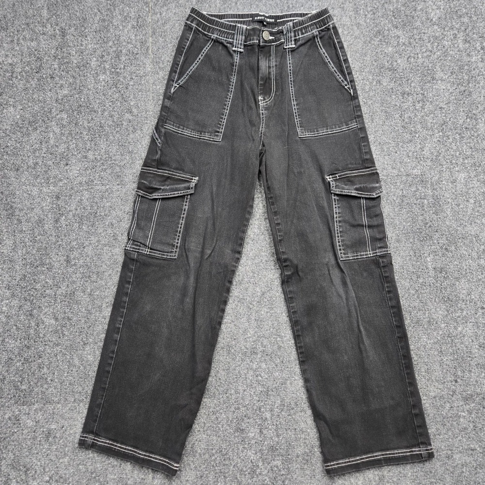 Almost Famous Womens Size Medium Black Contrast Stitch Cargo Pants Straight Leg